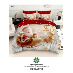 Lenjerie de Pat Dublu Finet 6 Piese cu Cearșaf cu Elastic 5D – Model Crăciun cu Moș Crăciun și Ren, LTC-056