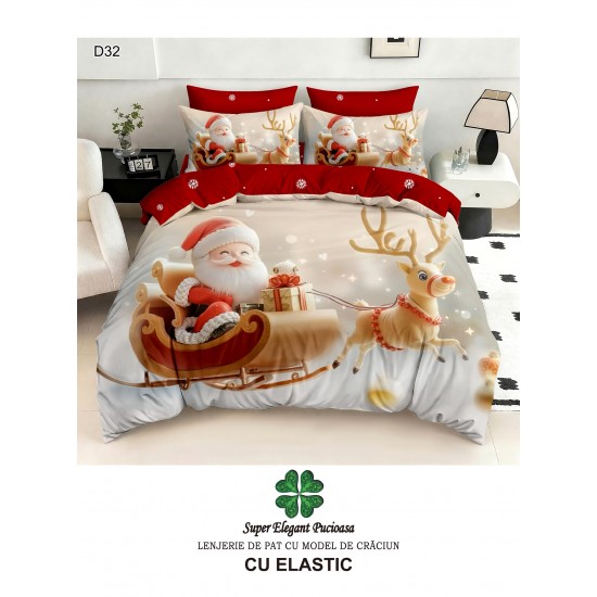 Lenjerie de Pat Dublu Finet 6 Piese cu Cearșaf cu Elastic 5D – Model Crăciun cu Moș Crăciun și Ren, LTC-056 Lenjerii tematica Craciun