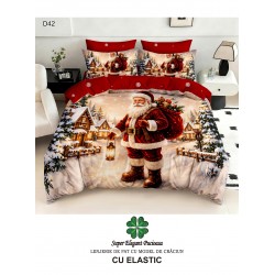 Lenjerie de Pat Dublu Finet 6 Piese cu Cearșaf cu Elastic 5D – Model Crăciun cu Moș Crăciun și Peisaj de Iarnă, LTC-058