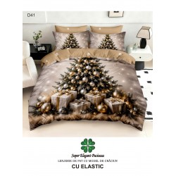 Lenjerie de Pat Dublu Finet 6 Piese cu Cearșaf cu Elastic 5D – Model Crăciun cu Brad Auriu și Cadouri, LTC-059