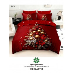 Lenjerie de Pat Dublu Finet 6 Piese cu Cearșaf cu Elastic 5D – Model Crăciun Roșu cu Brad Auriu, LTC-060