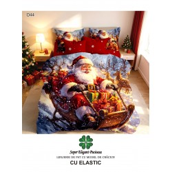 Lenjerie de Pat Dublu Finet 6 Piese cu Cearșaf cu Elastic 5D – Model Crăciun cu Moș Crăciun, Sanie și Renii, LTC-061