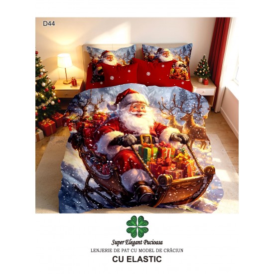 Lenjerie de Pat Dublu Finet 6 Piese cu Cearșaf cu Elastic 5D – Model Crăciun cu Moș Crăciun, Sanie și Renii, LTC-061 Lenjerii tematica Craciun