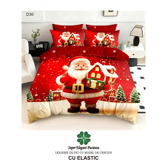 Lenjerie de Pat Dublu Finet 6 Piese cu Cearșaf cu Elastic 5D – Model Crăciun cu Moș Crăciun și Căsuță de Poveste, LTC-065 Lenjerii tematica Craciun