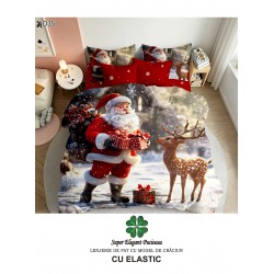 Lenjerie de Pat Dublu Finet 6 Piese cu Cearșaf cu Elastic 5D – Model Crăciun cu Moș Crăciun, Ren și Cadouri, LTC-066