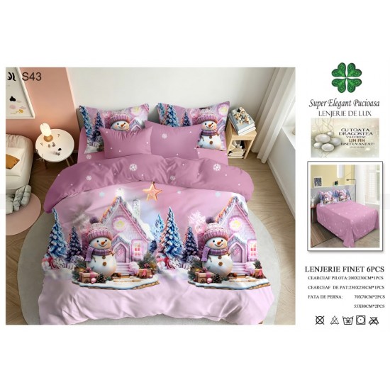 Set Lenjerie Pat Dublu 6 Piese Bumbac Finet – Model Crăciun cu Oameni de Zăpadă și Căsuțe Roz, LTC-050 Lenjerii tematica Craciun