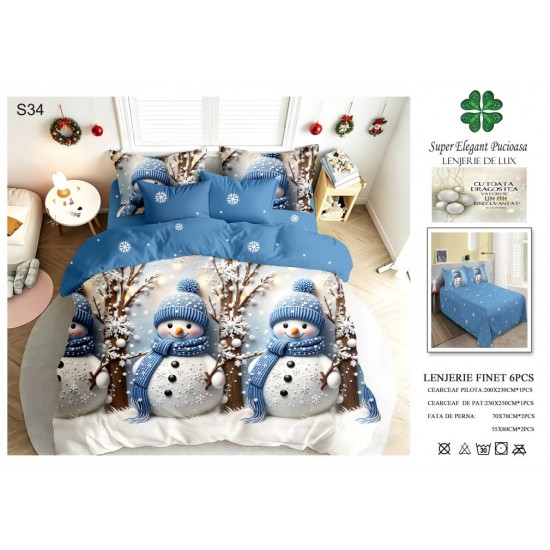 Set Lenjerie Pat Dublu 6 Piese Bumbac Finet – Model Crăciun cu Oameni de Zăpadă Albaștri, LTC-054 Lenjerii tematica Craciun