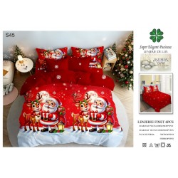 Set Lenjerie Pat Dublu 6 Piese Bumbac Finet – Model Crăciun cu Moș Crăciun și Ren, Roșu Festiv, LTC-072