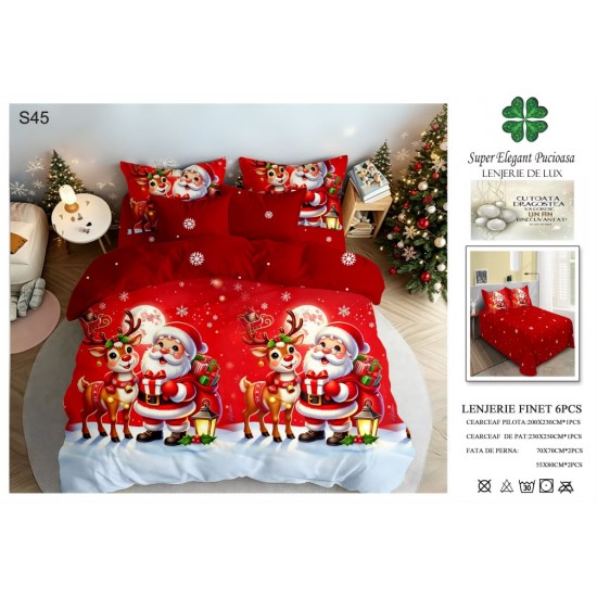 Set Lenjerie Pat Dublu 6 Piese Bumbac Finet – Model Crăciun cu Moș Crăciun și Ren, Roșu Festiv, LTC-072 Lenjerii tematica Craciun