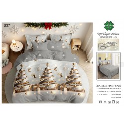 Set Lenjerie Pat Dublu 6 Piese Bumbac Finet – Model Crăciun cu Brazi Aurii și Argintii, Gri Elegant, LTC-073