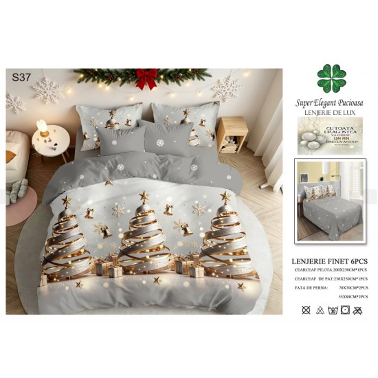 Set Lenjerie Pat Dublu 6 Piese Bumbac Finet – Model Crăciun cu Brazi Aurii și Argintii, Gri Elegant, LTC-073 Lenjerii tematica Craciun