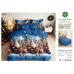 Set Lenjerie Pat Dublu 6 Piese Bumbac Finet – Model Crăciun cu Moș Crăciun, Reni și Brazi Împodobiți, Albastru, LTC-076