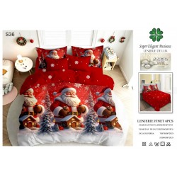Set Lenjerie Pat Dublu 6 Piese Bumbac Finet – Crăciun cu Moș Crăciun, Brazi Înzăpeziți și Căsuțe, Roșu Festiv, LTC-077