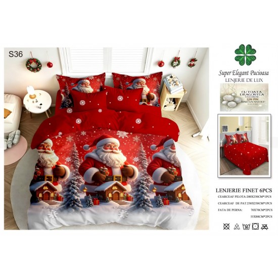 Set Lenjerie Pat Dublu 6 Piese Bumbac Finet – Crăciun cu Moș Crăciun, Brazi Înzăpeziți și Căsuțe, Roșu Festiv, LTC-077 Lenjerii tematica Craciun