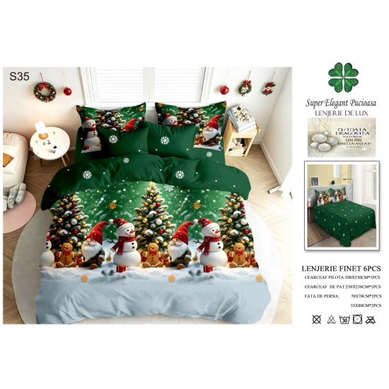 Set Lenjerie Pat Dublu 6 Piese Bumbac Finet – Crăciun Verde cu Oameni de Zăpadă, Spiriduși și Brazi Împodobiți, LTC-079 Lenjerii tematica Craciun