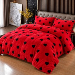 Set Lenjerie Cocolino 4 piese pat dublu cu cearșaf cu elastic – Roșu cu Inimi Negre, LEC-128