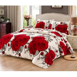 Set Lenjerie Cocolino 4 piese pat dublu cu cearșaf cu elastic – Model Flori Roșii pe Fundal Alb, LEC-124