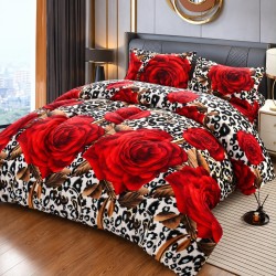 Set Lenjerie Cocolino 4 piese pat dublu cu cearșaf cu elastic – Model Trandafiri Roșii și Animal Print, LEC-055