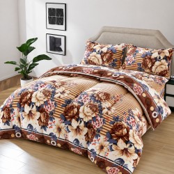 Set Lenjerie Cocolino 4 Piese cu Elastic – Pat Dublu, Flori Maro și Bej, LEC-094