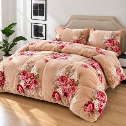 Set Lenjerie Pufoasa Cocolino cu Elastic, 4 Piese, Pat 2 Persoane, Bej-Rosu, flori, LEC-087