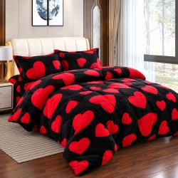 Set Lenjerie Pufoasa Cocolino cu Elastic, 4 Piese, Pat 2 Persoane, Negru-Rosu, inimi, LEC-006