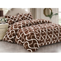 Set Lenjerie Pufoasa Cocolino cu Elastic, 4 Piese, Pat 2 Persoane, Maro-Bej, linii serpuite, LEC-003