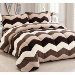 Set Lenjerie Pufoasa Cocolino cu Elastic, 4 Piese, Pat 2 Persoane, Bej-Crem, zig zag, LEC-046