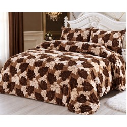 Set Lenjerie Pufoasa Cocolino cu Elastic, 4 Piese, Pat 2 Persoane, Maro-Bej-Crem, frunze, LEC-022