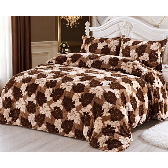 Set Lenjerie Pufoasa Cocolino cu Elastic, 4 Piese, Pat 2 Persoane, Maro-Bej-Crem, frunze, LEC-022 Lenjerii Cocolino 4 piese cu ELASTIC