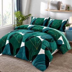 Set Lenjerie Cocolino 4 piese pat dublu cu cearșaf cu elastic – Model Geometric Verde și Negru, LEC-019