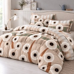 Set Lenjerie Cocolino 4 piese pat dublu cu cearșaf cu elastic – Model Geometric Floral Bej Verde, LEC-132