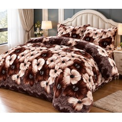 Set Lenjerie Cocolino 4 piese pat dublu cu cearșaf cu elastic – Model Floral Maro-Bej, LEC-057