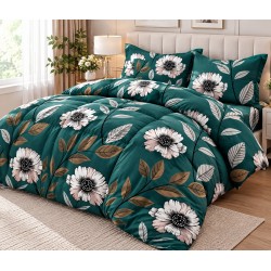 Set Lenjerie Cocolino 4 piese pat dublu cu cearșaf cu elastic – Model Floral Verde cu Flori Roz, LEC-136