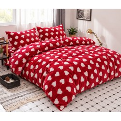 Set Lenjerie Cocolino 4 piese pat dublu cu cearșaf cu elastic – Roșu cu Inimi Albe, LEC-137