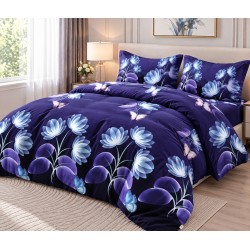 Set Lenjerie Cocolino 4 piese pat dublu cu cearșaf cu elastic – Model Flori Albastre și Fluturi pe Fundal Mov, LEC-135
