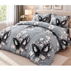 Set Lenjerie Cocolino 4 piese pat dublu cu cearșaf cu elastic – Model Fluturi Negri pe Fundal Gri, LEC-134