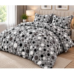 Set Lenjerie Cocolino 4 piese pat dublu cu cearșaf cu elastic – Model Buline Gri cu Alb și Negru, LEC-133