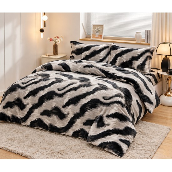 Set Lenjerie Cocolino 4 piese pat dublu cu cearșaf cu elastic – Model animal print Crem-Negru, LEC-008 Lenjerii Cocolino 4 piese cu ELASTIC