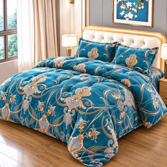 Set Lenjerie Cocolino 4 Piese Pat Dublu cu Cearșaf cu Elastic – Model Floral Elegant Albastru Petrol cu Auriu, LEC-051 Lenjerii Cocolino 4 piese cu ELASTIC