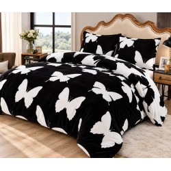 Set Lenjerie Cocolino 4 piese pat dublu cu cearșaf cu elastic – Model Fluturi Alb-Negru Elegant, LEC-012