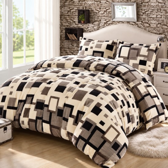 Set Lenjerie Cocolino 4 Piese Pat Dublu cu Cearșaf cu Elastic – Model Geometric Crem cu Negru și Gri, LEC-013 Lenjerii Cocolino 4 piese cu ELASTIC