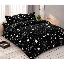 Set Lenjerie Cocolino 4 piese pat dublu cu cearșaf cu elastic – Model Stele Alb pe Negru, LEC-130