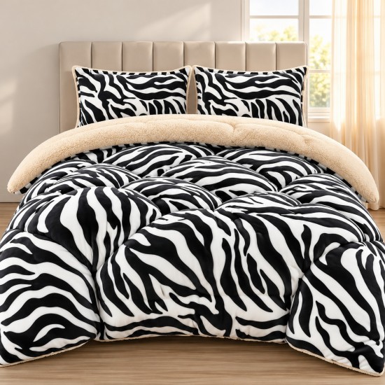 Pilotă cu Blăniță 200x230 cm + 2 Fețe de Pernă – Model Zebra Alb-Negru, PDC-021 Pilote Iarna cu Blana
