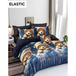 Set Lenjerie Bumbac Satinat 4 Piese Pat Dublu cu Cearșaf cu Elastic – Model Ursuleți pe Nori, Albastru Închis, LES-066