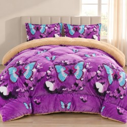 Pilotă Cocolino cu Blană 200x230 cm + 2 Fețe de Pernă – Model Fluturi Turcoaz pe Fundal Mov, PDC-024