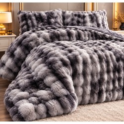Pilotă Pufoasă din Blăniță Artificială de Iepure 200x230 cm + 2 Fețe de Pernă – Model Luxury Gri Degrade, Gri, LCE-053