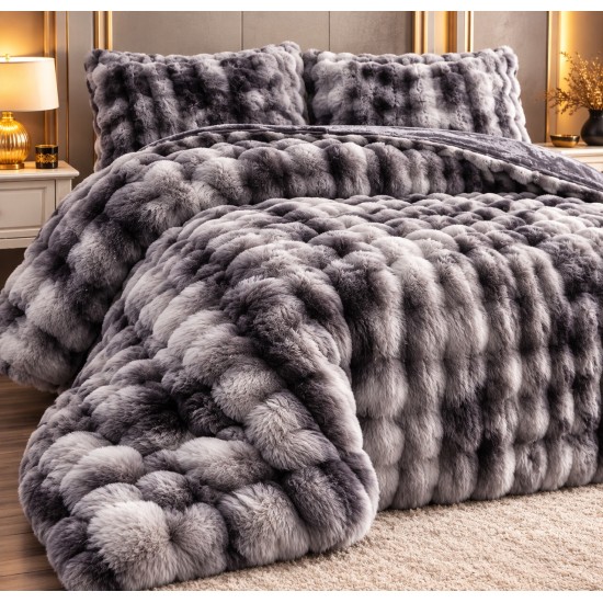 Pilotă Pufoasă din Blăniță Artificială de Iepure 200x230 cm + 2 Fețe de Pernă – Model Luxury Gri Degrade, Gri, LCE-053 Pilote Iepure