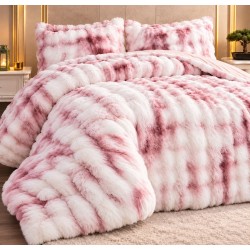 Pilotă Pufoasă din Blăniță Artificială de Iepure 200x230 cm + 2 Fețe de Pernă – Model Luxury Roz Pudrat Degrade, LCE-055