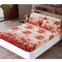Cearsaf cu elastic COCOLINO, 180x200x25cm, plus 2 fete de perne, Rosu-Crem, flori, HC-037