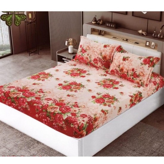 Cearsaf cu elastic COCOLINO, 180x200x25cm, plus 2 fete de perne, Rosu-Crem, flori, HC-037 Huse Cocolino